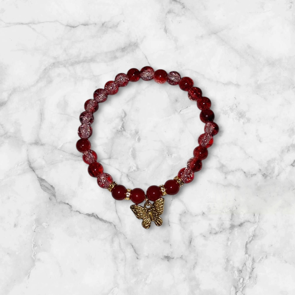 Elegant Red Beaded Bracelet with Butterfly Charm
